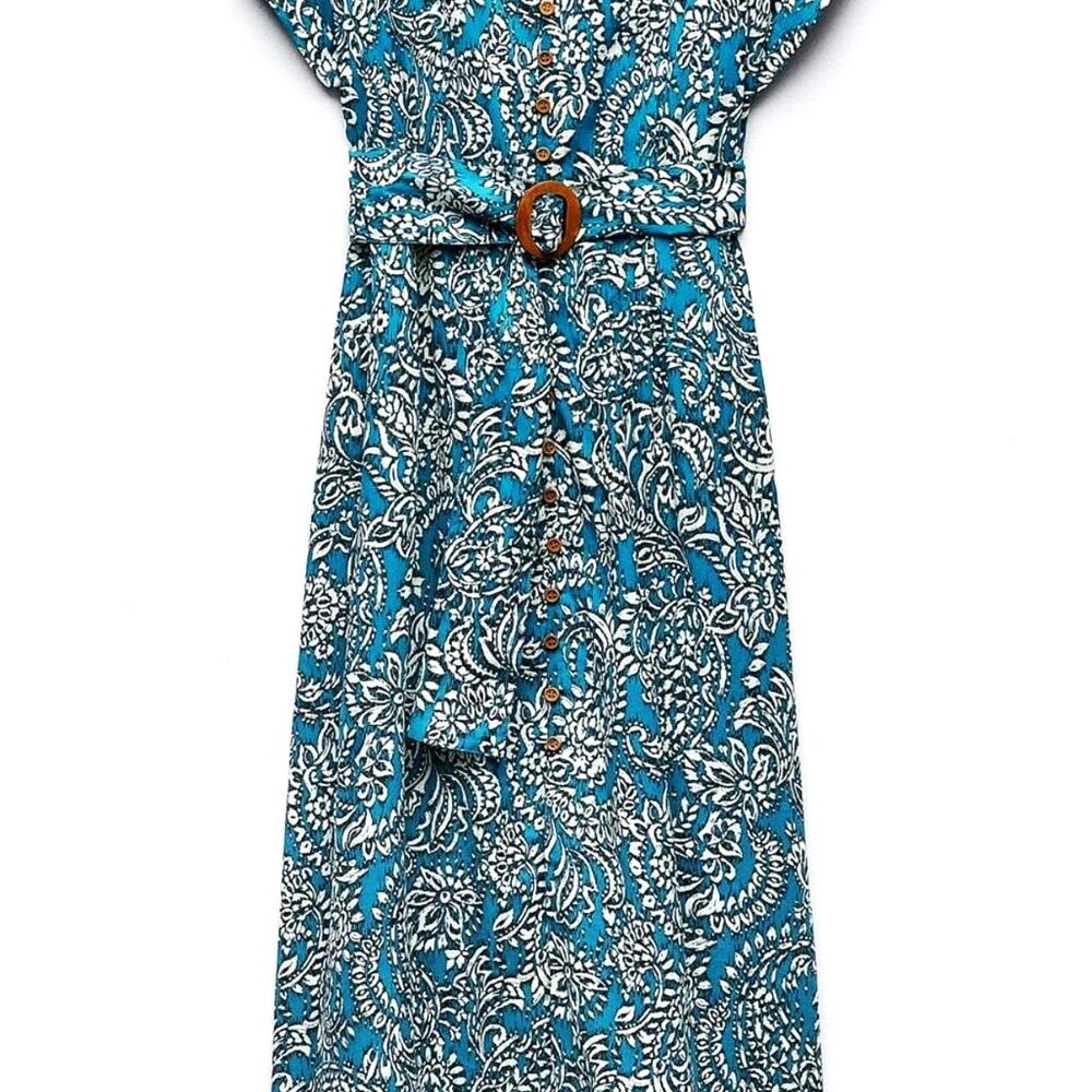 ZARA 100% Cotton Floral Blue Midi Dress Medium Button Front Belt Paisley Print - Picture 9 of 12